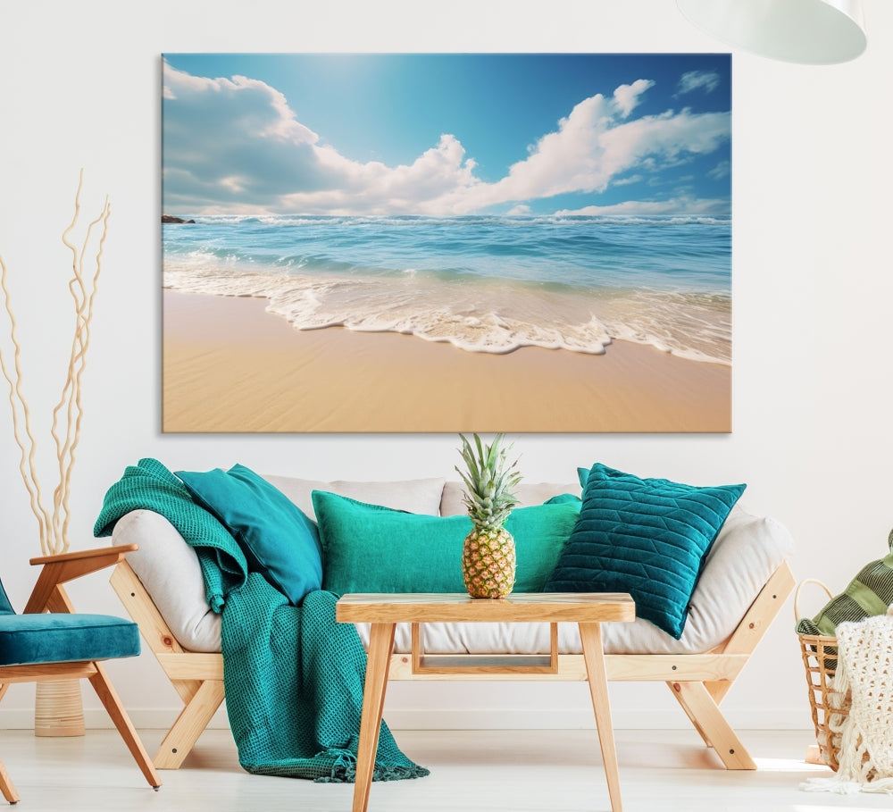 The Serene Ocean Canvas Print with a beach and sunset design hangs prominently.