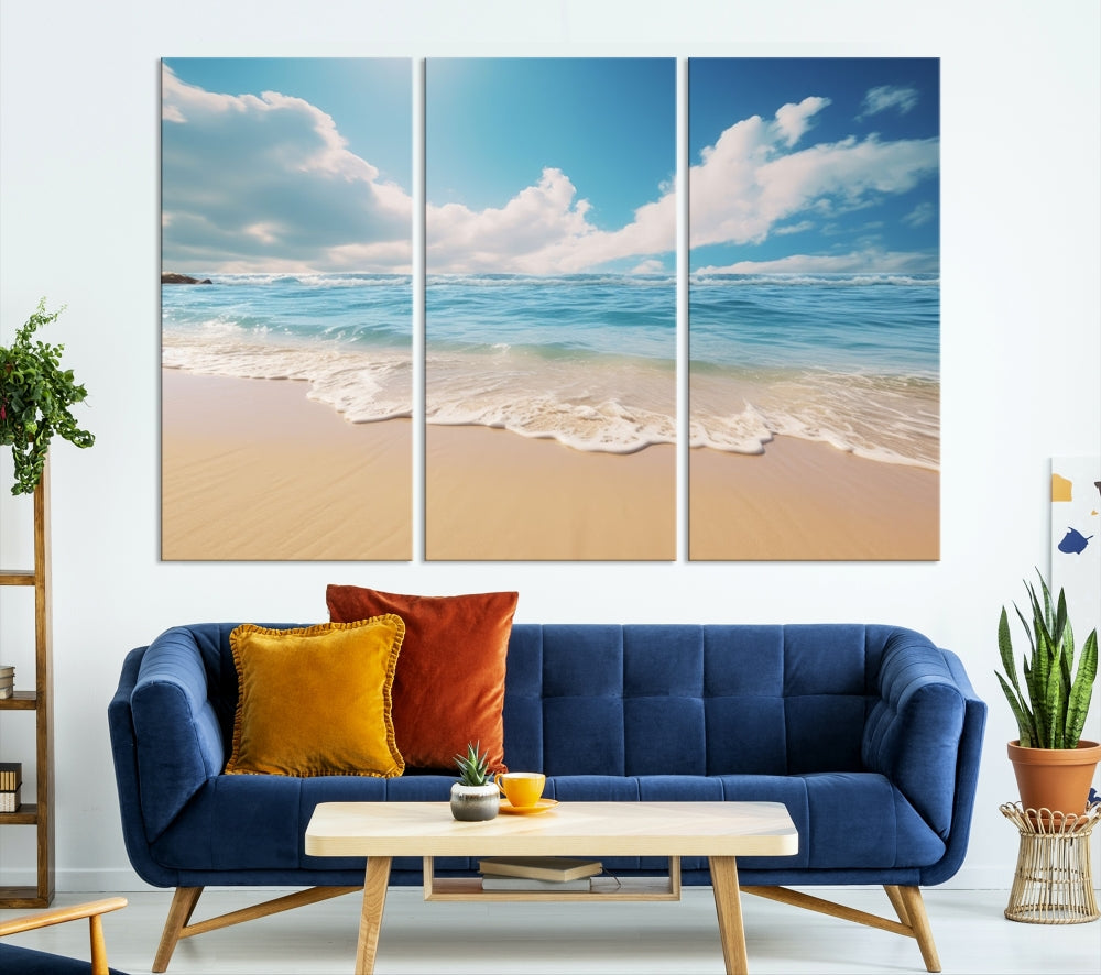 The Serene Ocean Canvas Print with a beach and sunset design hangs prominently.