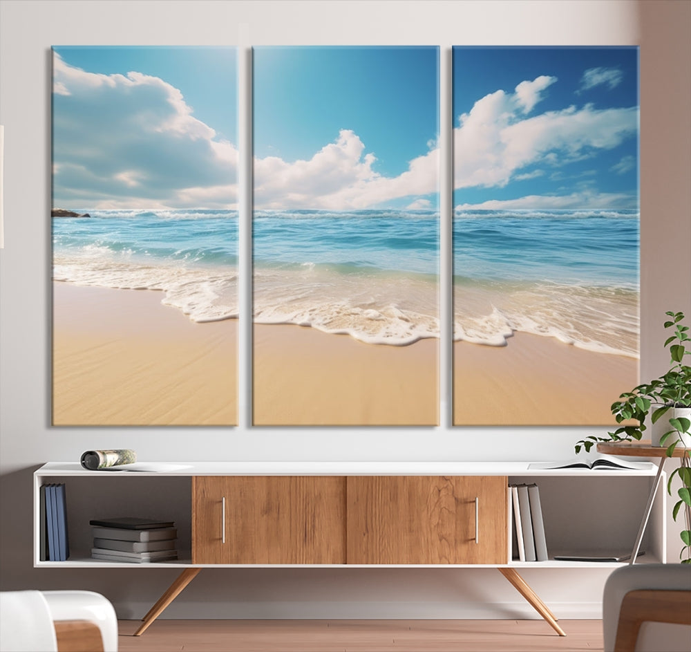 The Serene Ocean Canvas Print with a beach and sunset design hangs prominently.