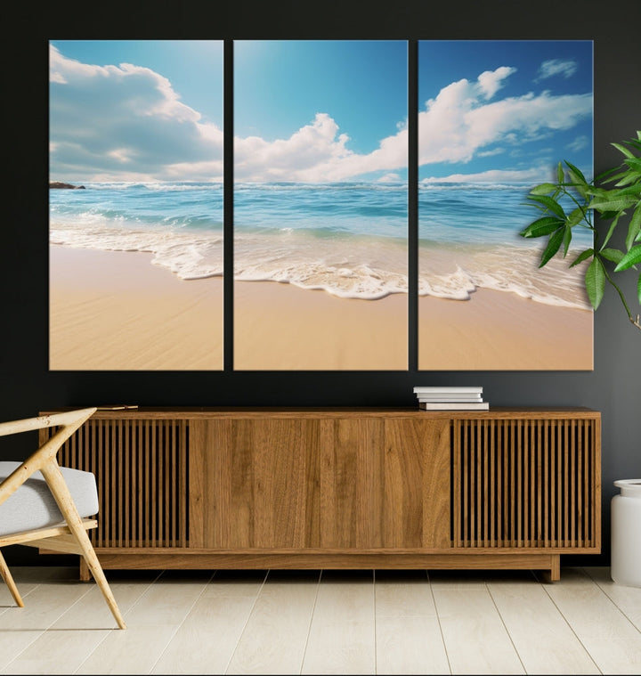 The Serene Ocean Canvas Print with a beach and sunset design hangs prominently.