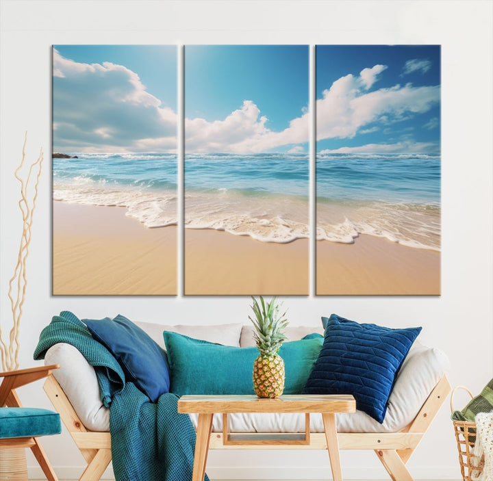 The Serene Ocean Canvas Print with a beach and sunset design hangs prominently.