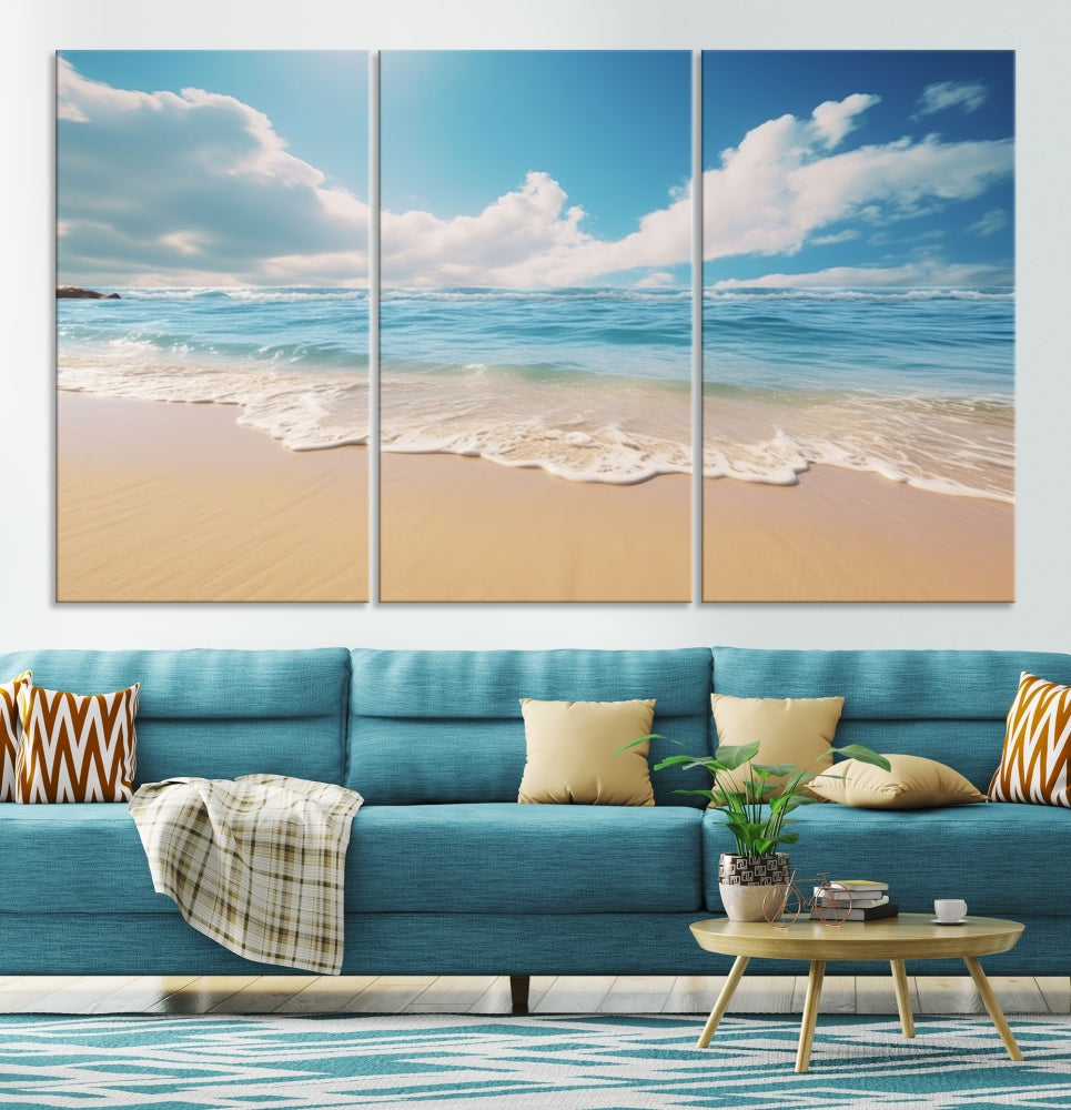 The Serene Ocean Canvas Print with a beach and sunset design hangs prominently.