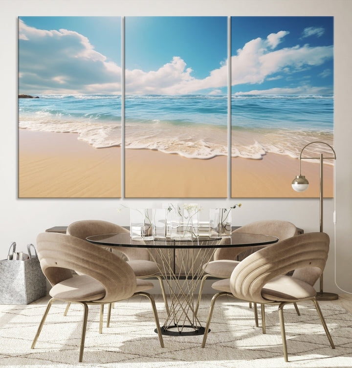 The Serene Ocean Canvas Print with a beach and sunset design hangs prominently.