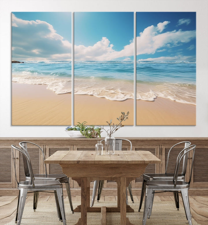 The Serene Ocean Canvas Print with a beach and sunset design hangs prominently.