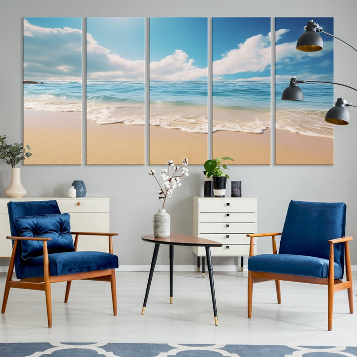 The Serene Ocean Canvas Print with a beach and sunset design hangs prominently.