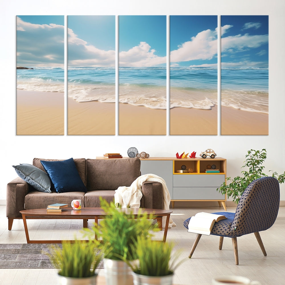 The Serene Ocean Canvas Print with a beach and sunset design hangs prominently.