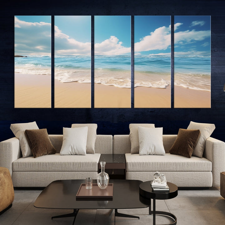 The Serene Ocean Canvas Print with a beach and sunset design hangs prominently.