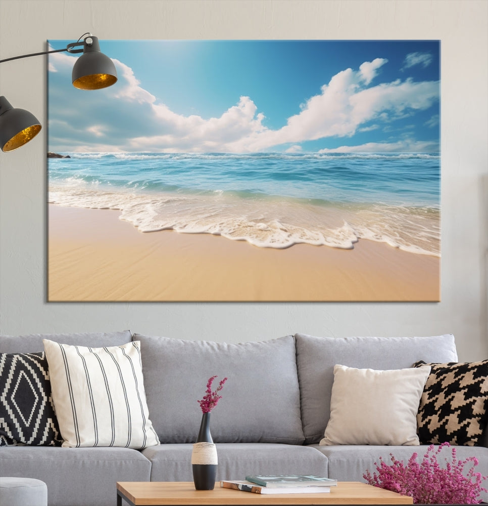 The Serene Ocean Canvas Print with a beach and sunset design hangs prominently.