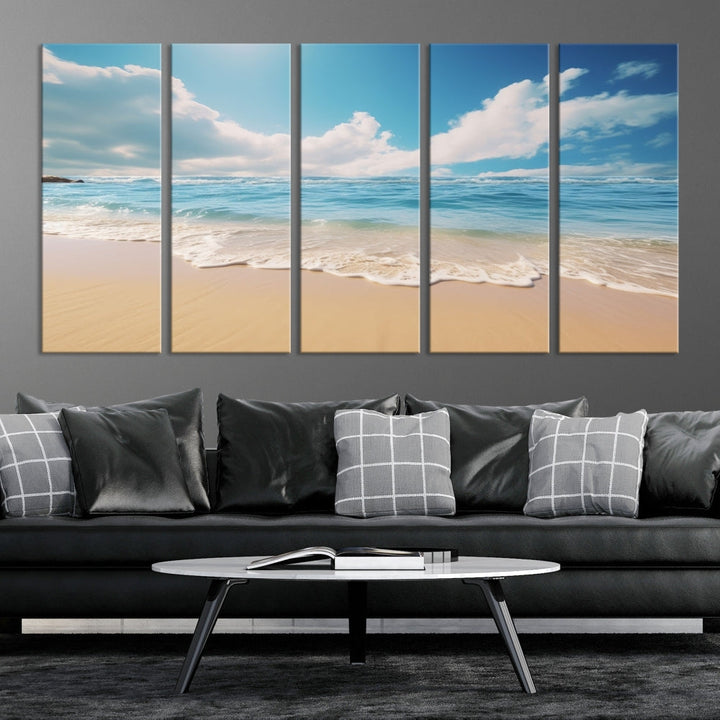 The Serene Ocean Canvas Print with a beach and sunset design hangs prominently.