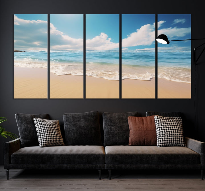 The Serene Ocean Canvas Print with a beach and sunset design hangs prominently.