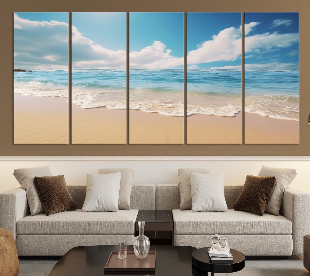 The Serene Ocean Canvas Print with a beach and sunset design hangs prominently.