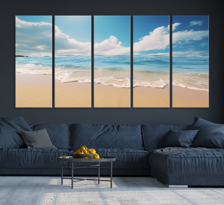 The Serene Ocean Canvas Print with a beach and sunset design hangs prominently.