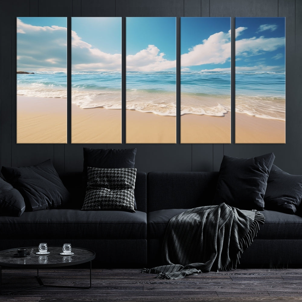 The Serene Ocean Canvas Print with a beach and sunset design hangs prominently.