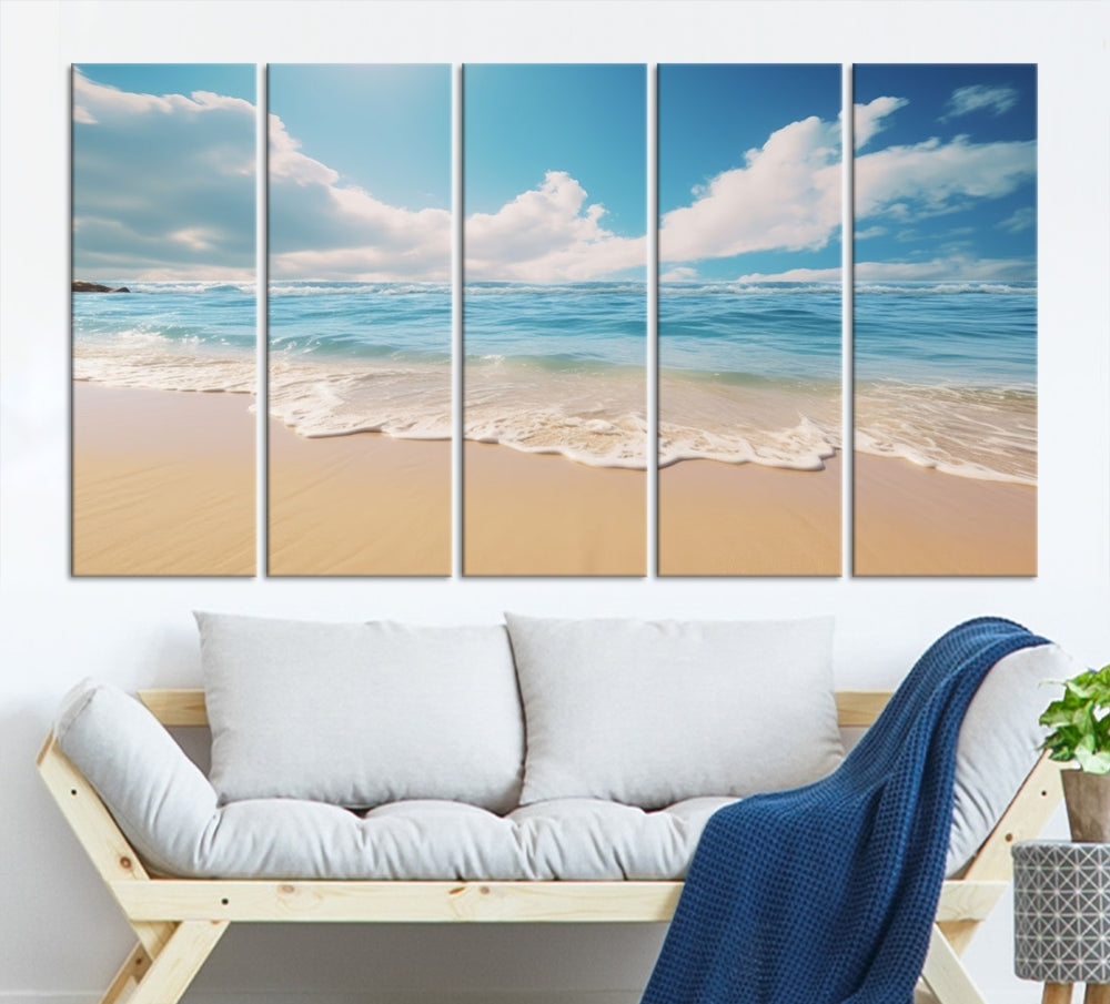 The Serene Ocean Canvas Print with a beach and sunset design hangs prominently.