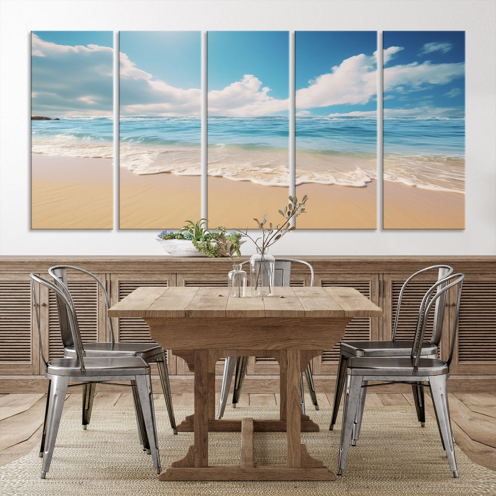 The Serene Ocean Canvas Print with a beach and sunset design hangs prominently.