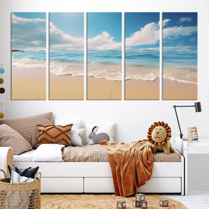 The Serene Ocean Canvas Print with a beach and sunset design hangs prominently.