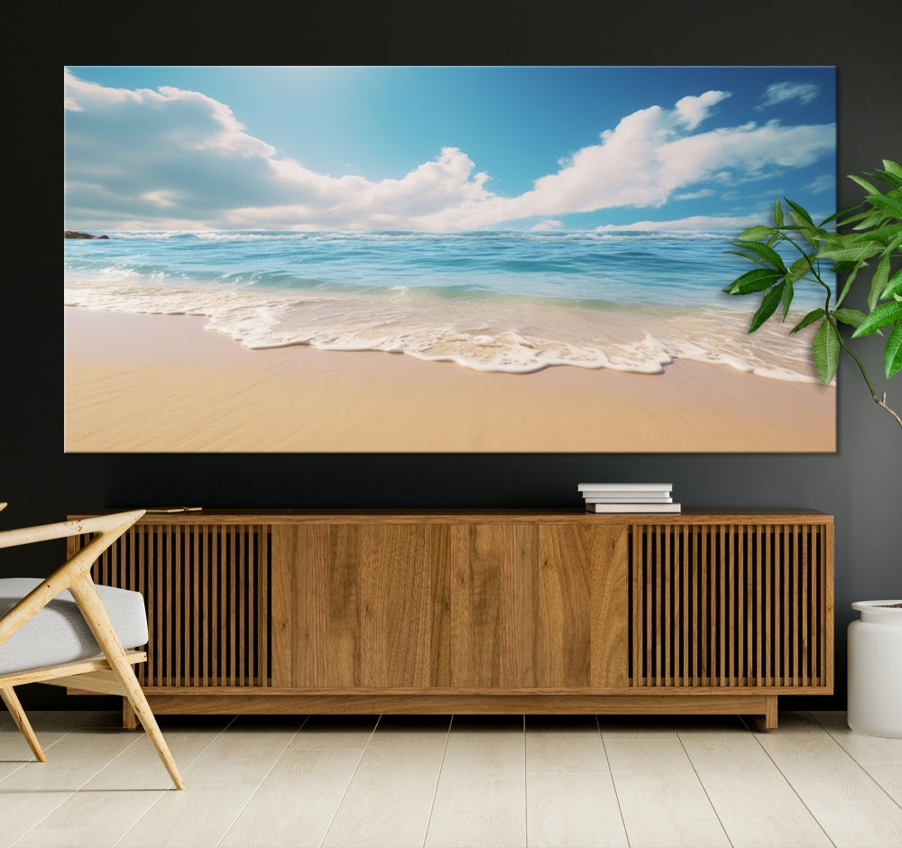 The Serene Ocean Canvas Print with a beach and sunset design hangs prominently.