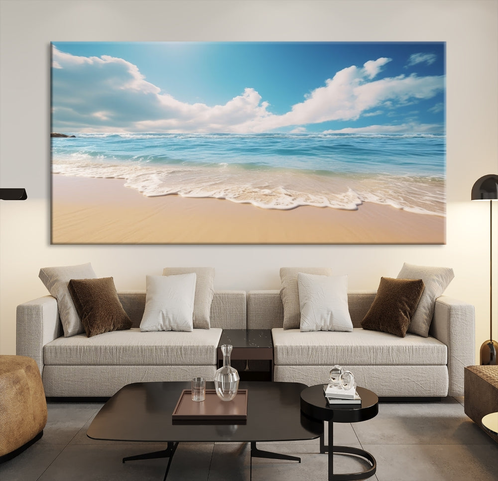 The Serene Ocean Canvas Print with a beach and sunset design hangs prominently.