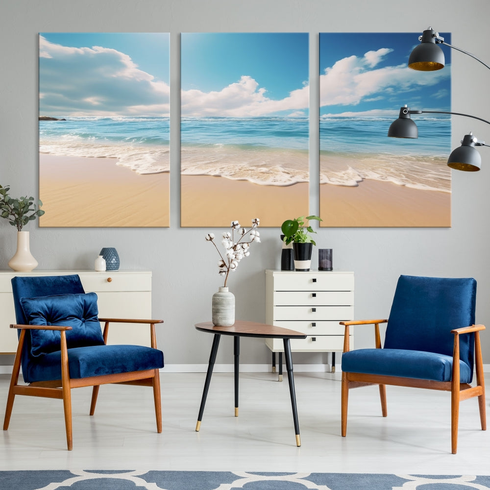 The Serene Ocean Canvas Print with a beach and sunset design hangs prominently.