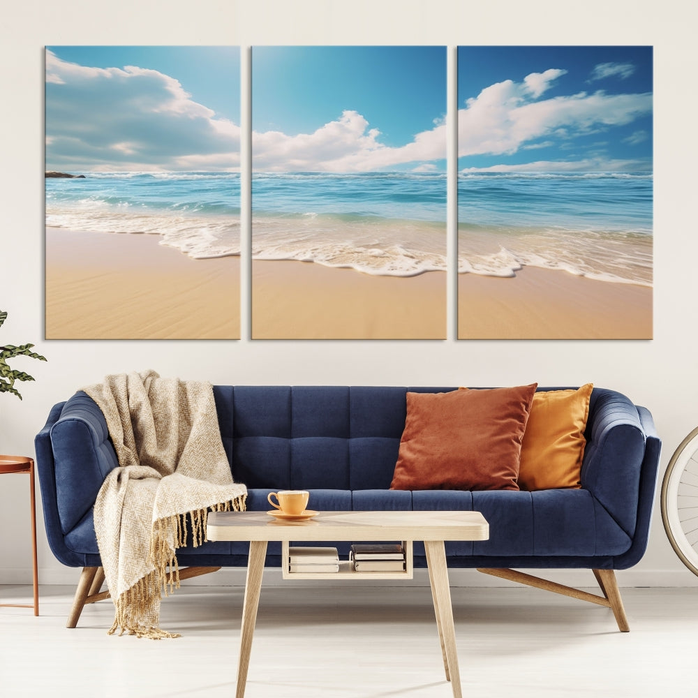 The Serene Ocean Canvas Print with a beach and sunset design hangs prominently.