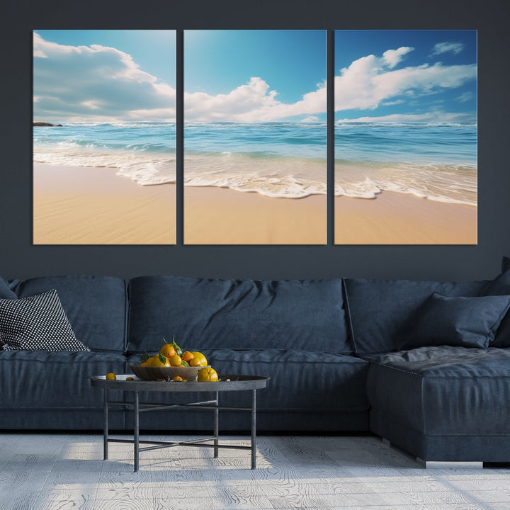 The Serene Ocean Canvas Print with a beach and sunset design hangs prominently.