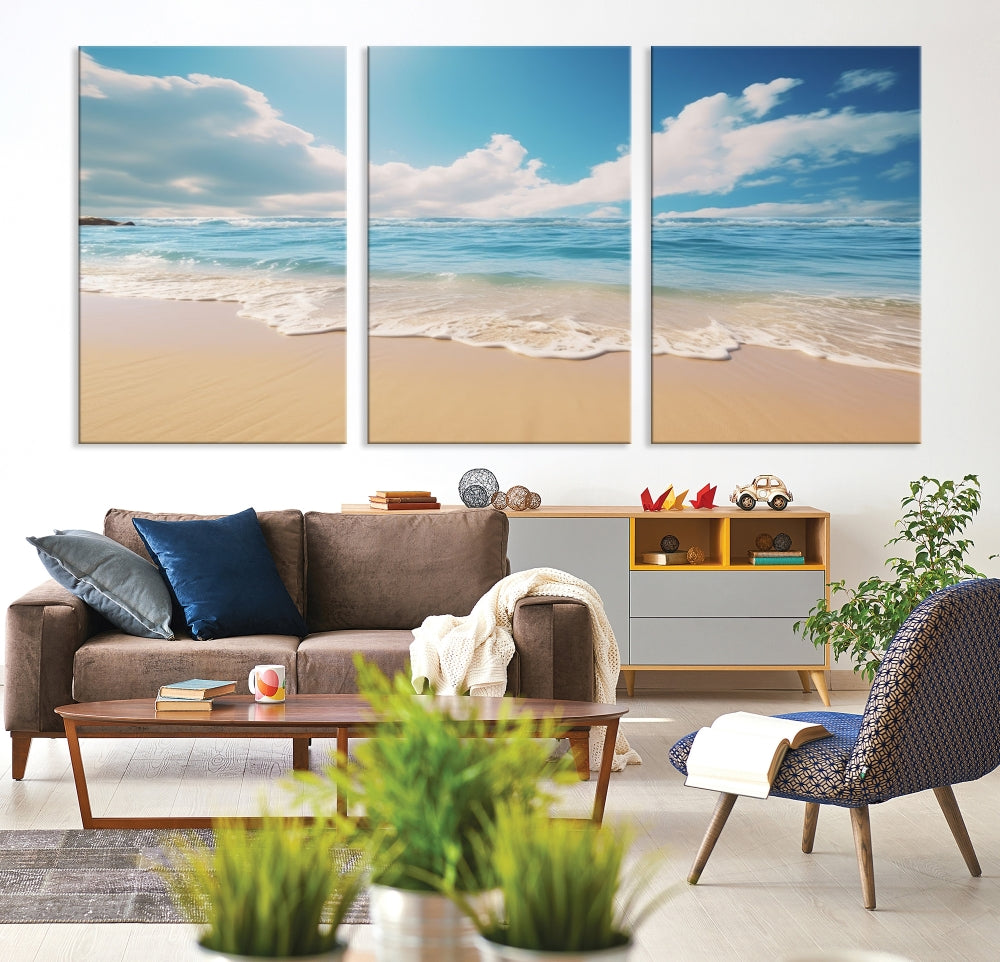 The Serene Ocean Canvas Print with a beach and sunset design hangs prominently.