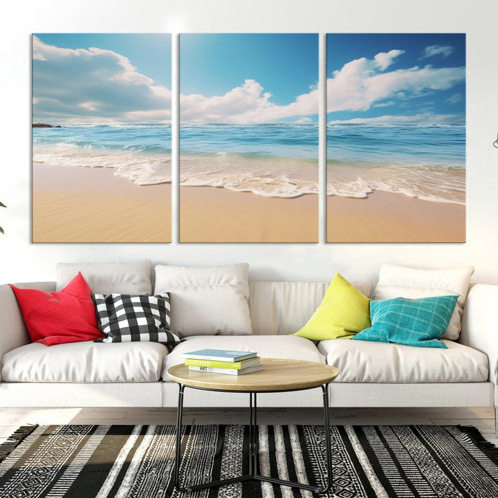 The Serene Ocean Canvas Print with a beach and sunset design hangs prominently.