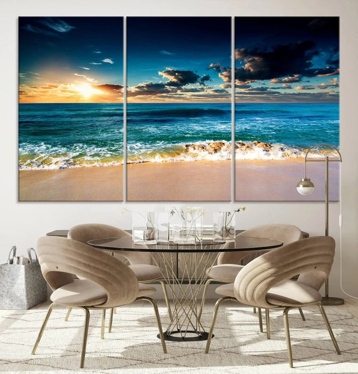 The Ocean Breeze Beach Sunset Wall Art Canvas Print—a captivating triptych of a beach sunset—adds a stunning coastal charm to the room, making it ideal for home or cabin decor.