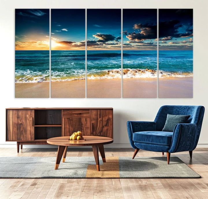 The Ocean Breeze Beach Sunset Wall Art Canvas Print—a captivating triptych of a beach sunset—adds a stunning coastal charm to the room, making it ideal for home or cabin decor.