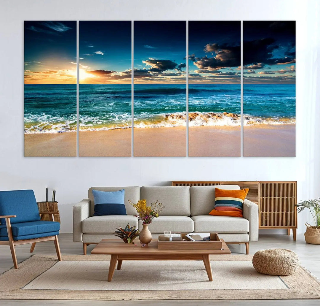 The Ocean Breeze Beach Sunset Wall Art Canvas Print—a captivating triptych of a beach sunset—adds a stunning coastal charm to the room, making it ideal for home or cabin decor.