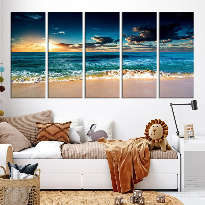 The Ocean Breeze Beach Sunset Wall Art Canvas Print—a captivating triptych of a beach sunset—adds a stunning coastal charm to the room, making it ideal for home or cabin decor.