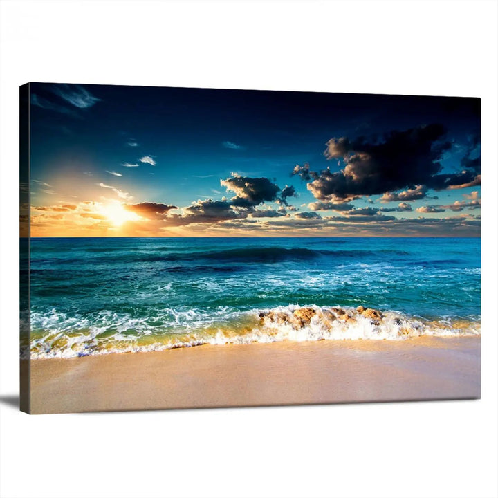 The Ocean Breeze Beach Sunset Wall Art Canvas Print—a captivating triptych of a beach sunset—adds a stunning coastal charm to the room, making it ideal for home or cabin decor.