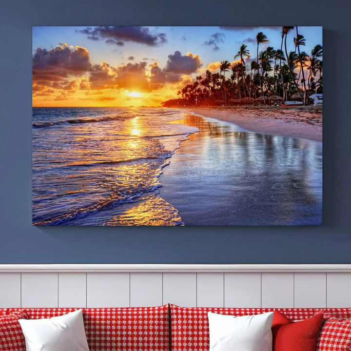 The dining area features a stunning Ocean Sunset Beach Canvas Print—a five-panel coastal wall art and tropical seascape triptych that beautifully captures the serene beauty of ocean waves set against a beach sunset scene.