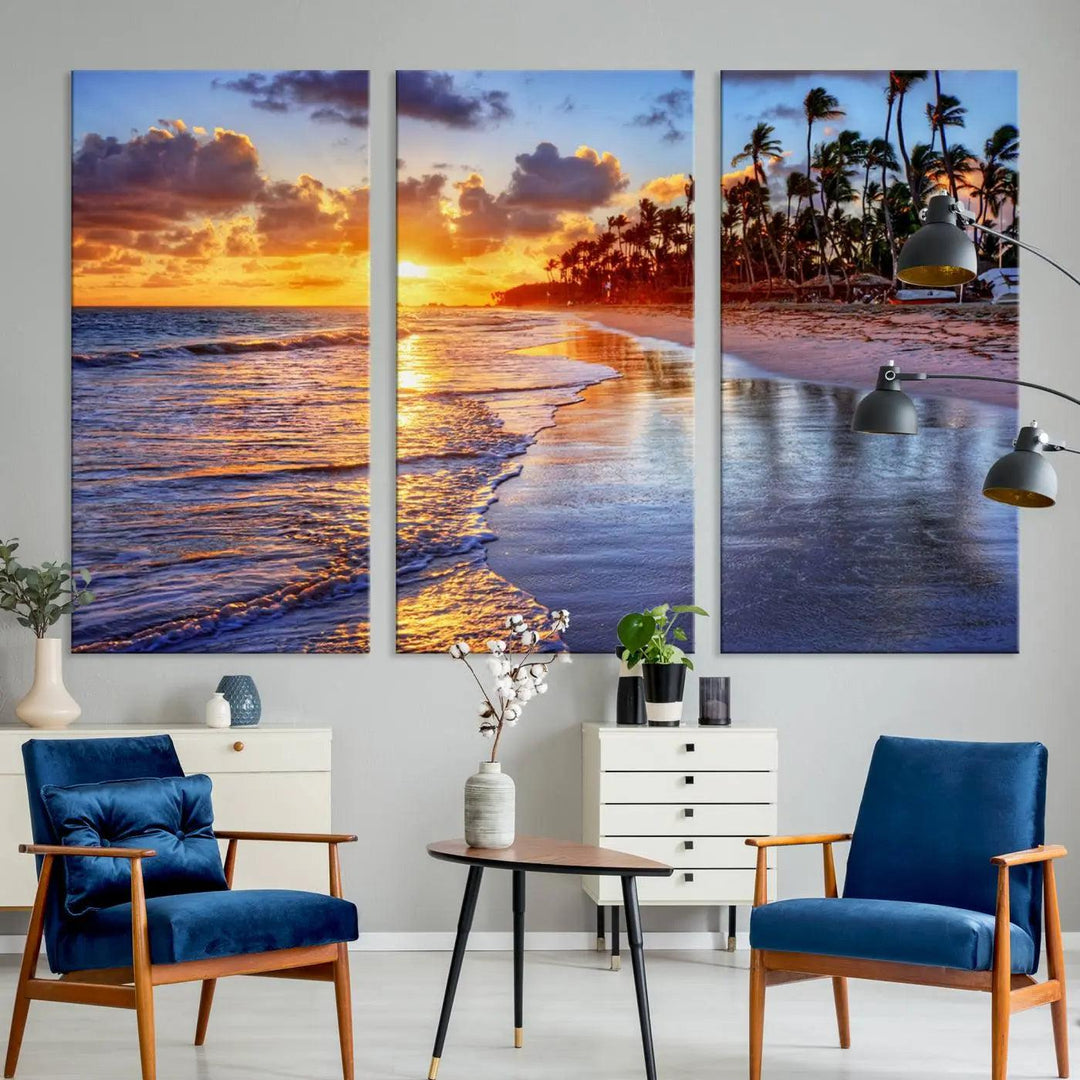 The dining area features a stunning Ocean Sunset Beach Canvas Print—a five-panel coastal wall art and tropical seascape triptych that beautifully captures the serene beauty of ocean waves set against a beach sunset scene.