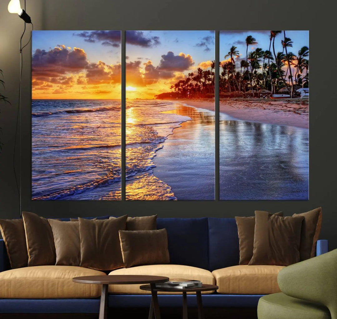 The dining area features a stunning Ocean Sunset Beach Canvas Print—a five-panel coastal wall art and tropical seascape triptych that beautifully captures the serene beauty of ocean waves set against a beach sunset scene.