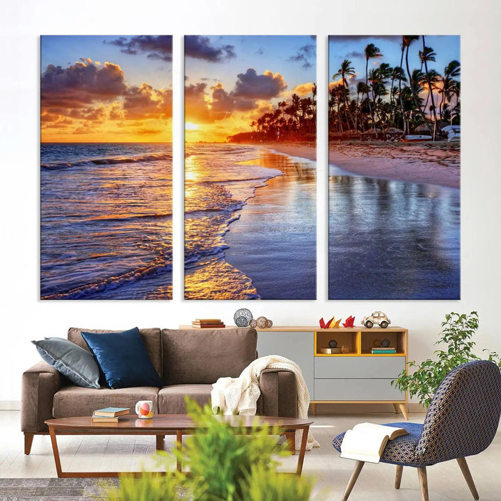 The dining area features a stunning Ocean Sunset Beach Canvas Print—a five-panel coastal wall art and tropical seascape triptych that beautifully captures the serene beauty of ocean waves set against a beach sunset scene.