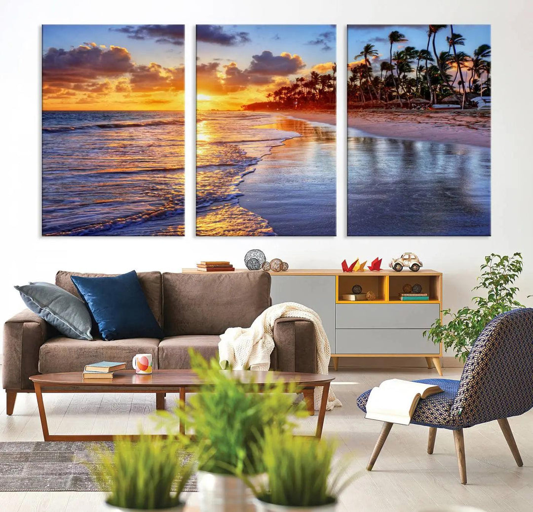 The dining area features a stunning Ocean Sunset Beach Canvas Print—a five-panel coastal wall art and tropical seascape triptych that beautifully captures the serene beauty of ocean waves set against a beach sunset scene.