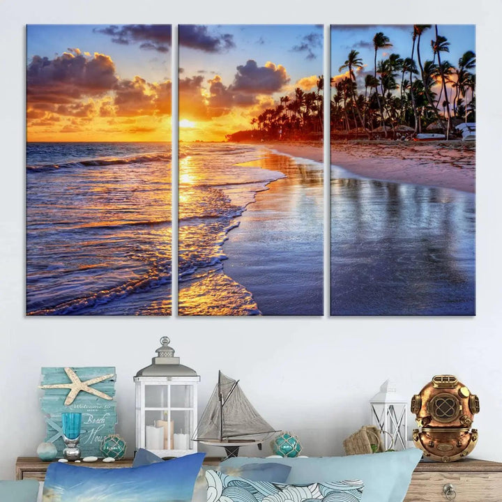 The dining area features a stunning Ocean Sunset Beach Canvas Print—a five-panel coastal wall art and tropical seascape triptych that beautifully captures the serene beauty of ocean waves set against a beach sunset scene.