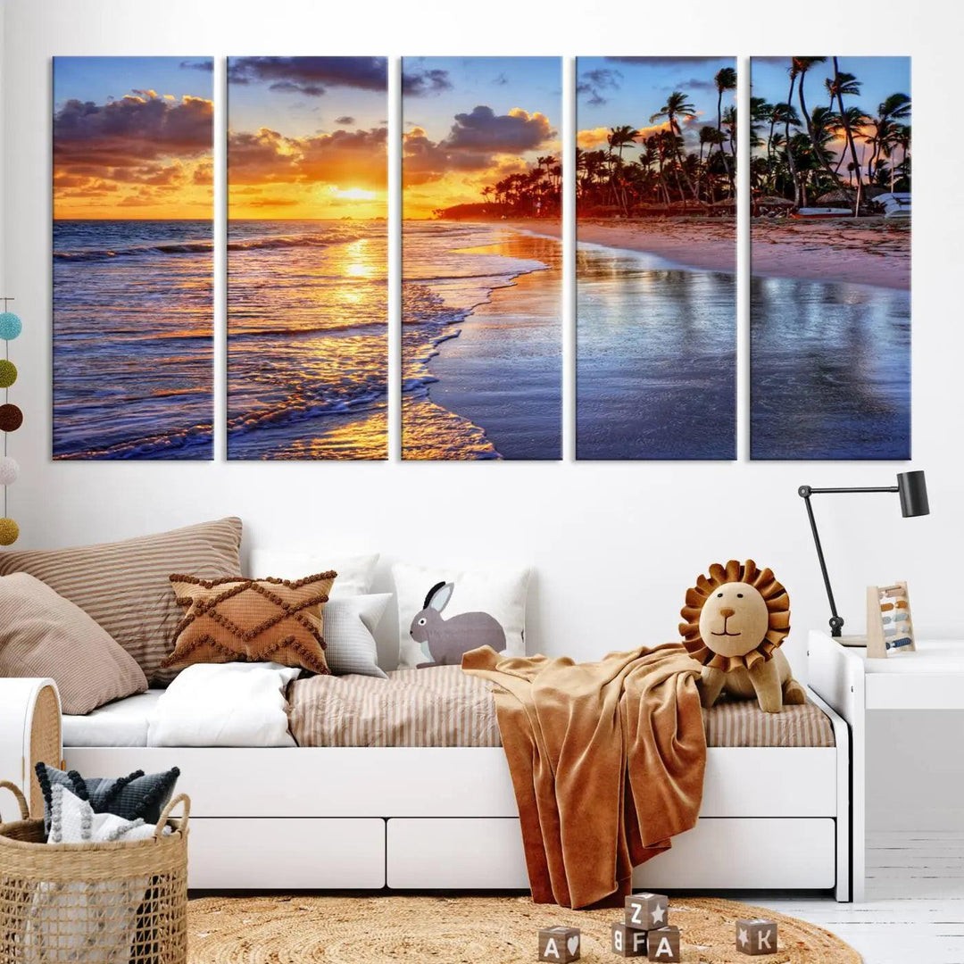 The dining area features a stunning Ocean Sunset Beach Canvas Print—a five-panel coastal wall art and tropical seascape triptych that beautifully captures the serene beauty of ocean waves set against a beach sunset scene.