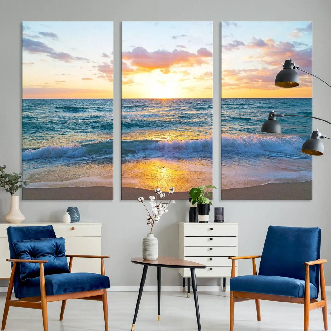 Ocean Sunset Triptych Canvas Wall Art, Giclee Beach Sunset Print with Gentle Waves, Coastal Art for Relaxation Spaces