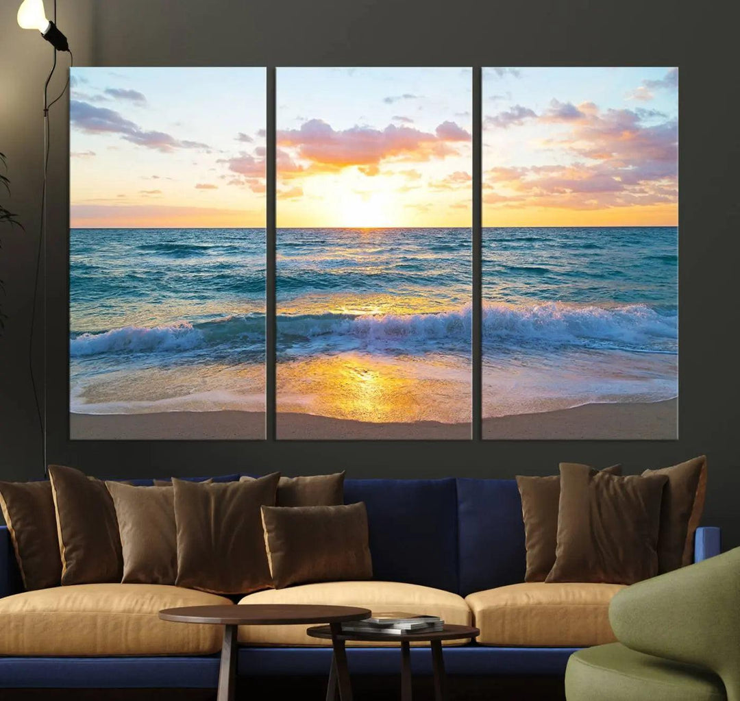 Ocean Sunset Triptych Canvas Wall Art, Giclee Beach Sunset Print with Gentle Waves, Coastal Art for Relaxation Spaces