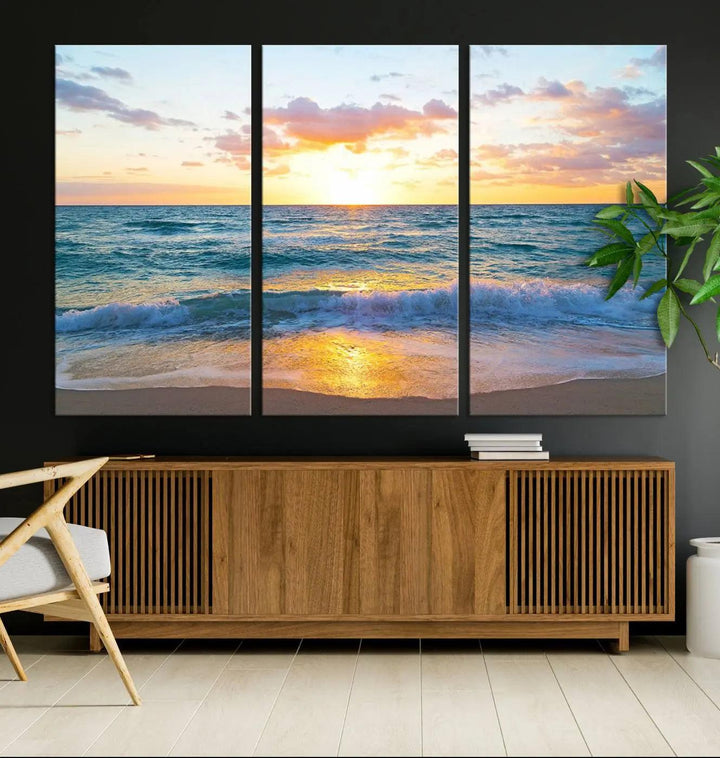 Ocean Sunset Triptych Canvas Wall Art, Giclee Beach Sunset Print with Gentle Waves, Coastal Art for Relaxation Spaces