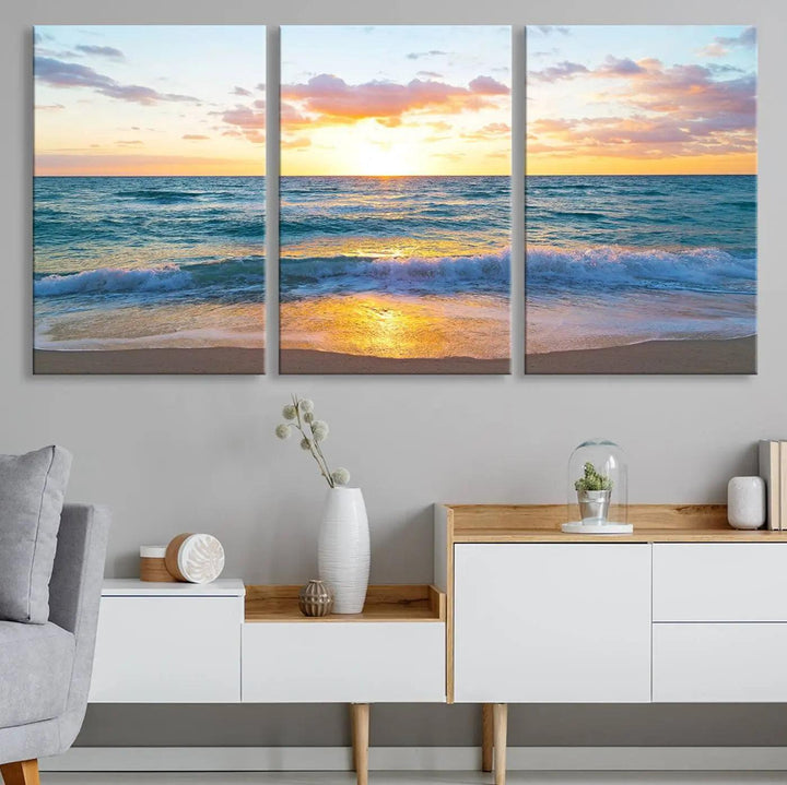 Ocean Sunset Triptych Canvas Wall Art, Giclee Beach Sunset Print with Gentle Waves, Coastal Art for Relaxation Spaces