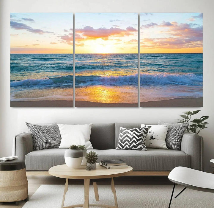 Ocean Sunset Triptych Canvas Wall Art, Giclee Beach Sunset Print with Gentle Waves, Coastal Art for Relaxation Spaces