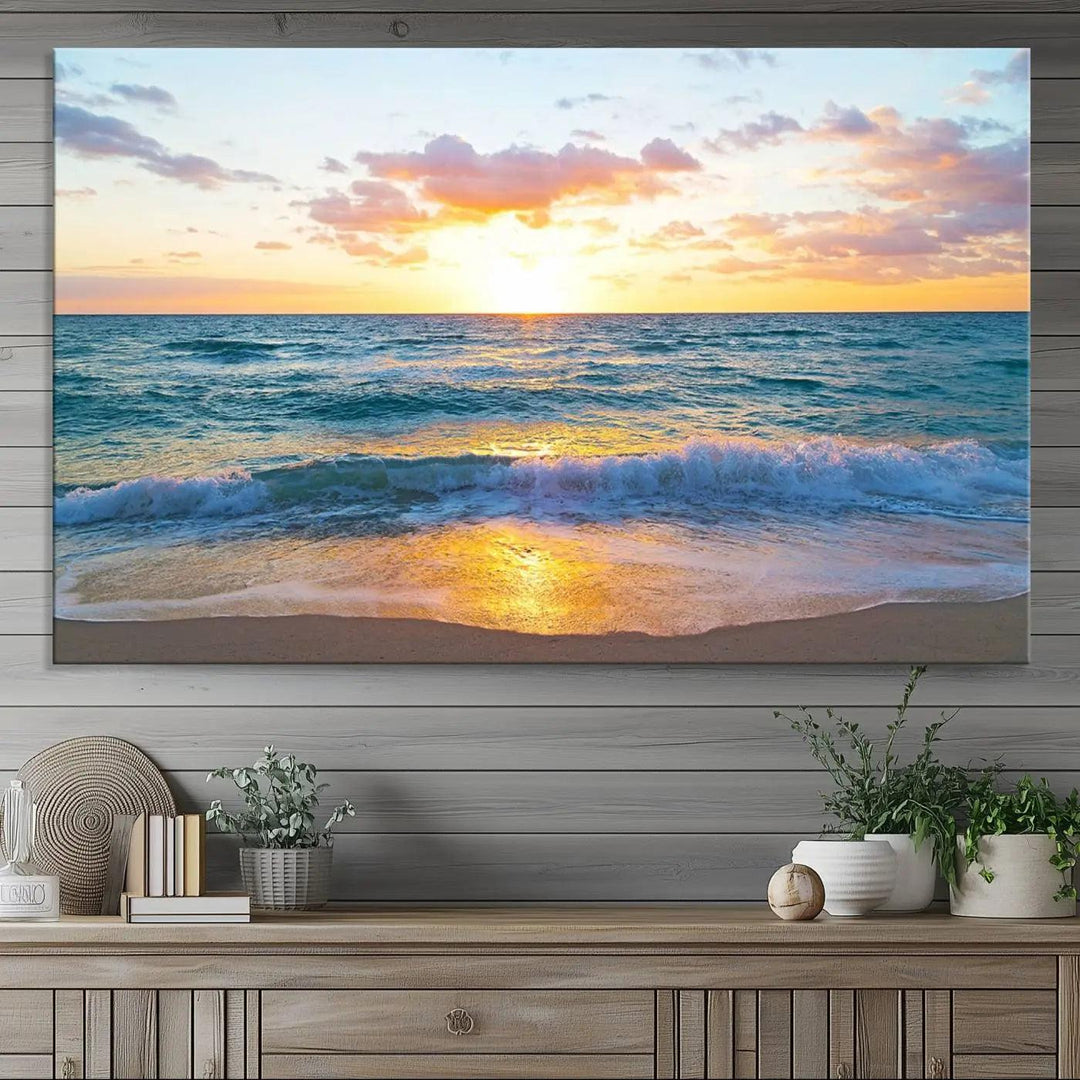 Ocean Sunset Triptych Canvas Wall Art, Giclee Beach Sunset Print with Gentle Waves, Coastal Art for Relaxation Spaces