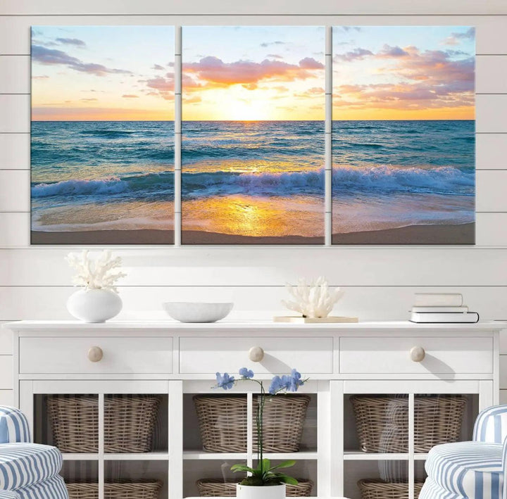 Ocean Sunset Triptych Canvas Wall Art, Giclee Beach Sunset Print with Gentle Waves, Coastal Art for Relaxation Spaces