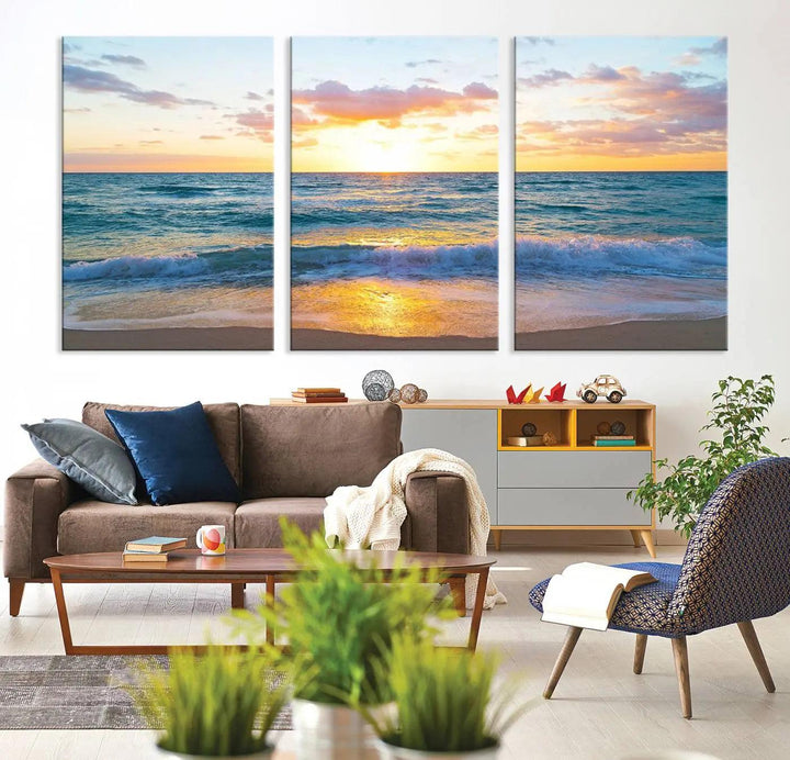 Ocean Sunset Triptych Canvas Wall Art, Giclee Beach Sunset Print with Gentle Waves, Coastal Art for Relaxation Spaces