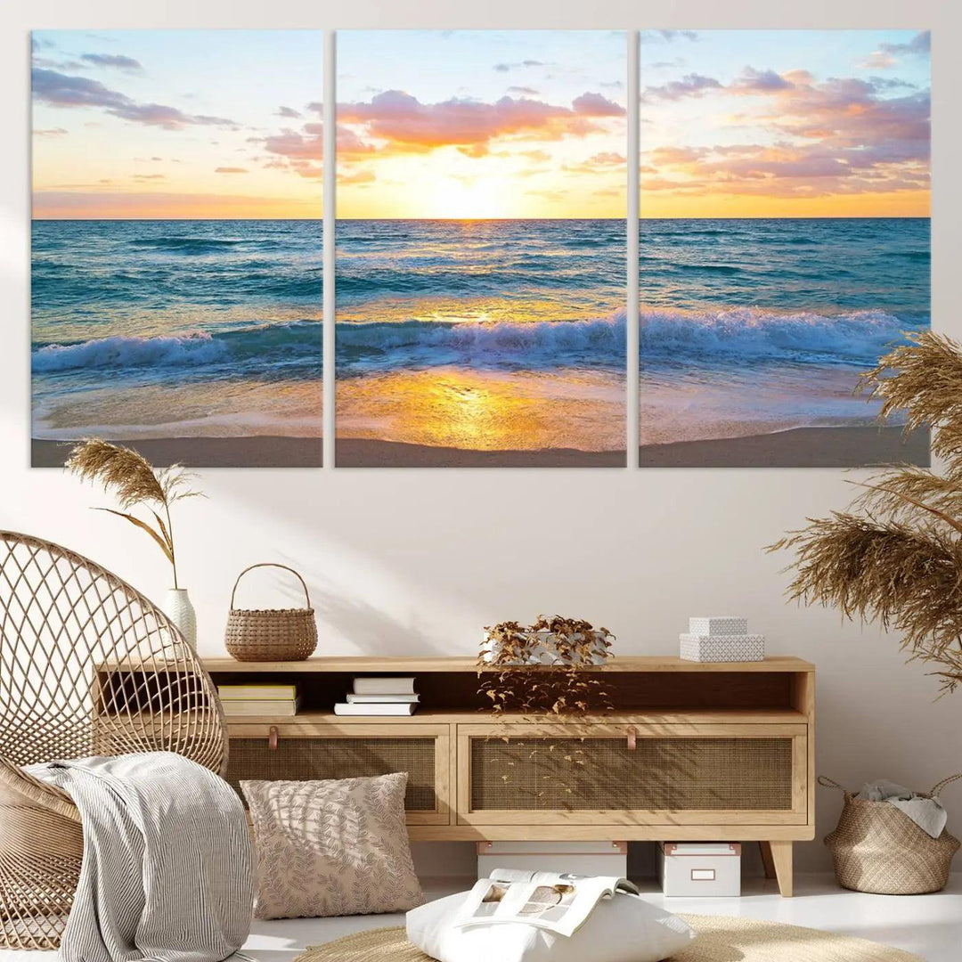 Ocean Sunset Triptych Canvas Wall Art, Giclee Beach Sunset Print with Gentle Waves, Coastal Art for Relaxation Spaces