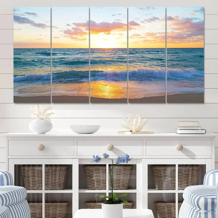 Ocean Sunset Triptych Canvas Wall Art, Giclee Beach Sunset Print with Gentle Waves, Coastal Art for Relaxation Spaces