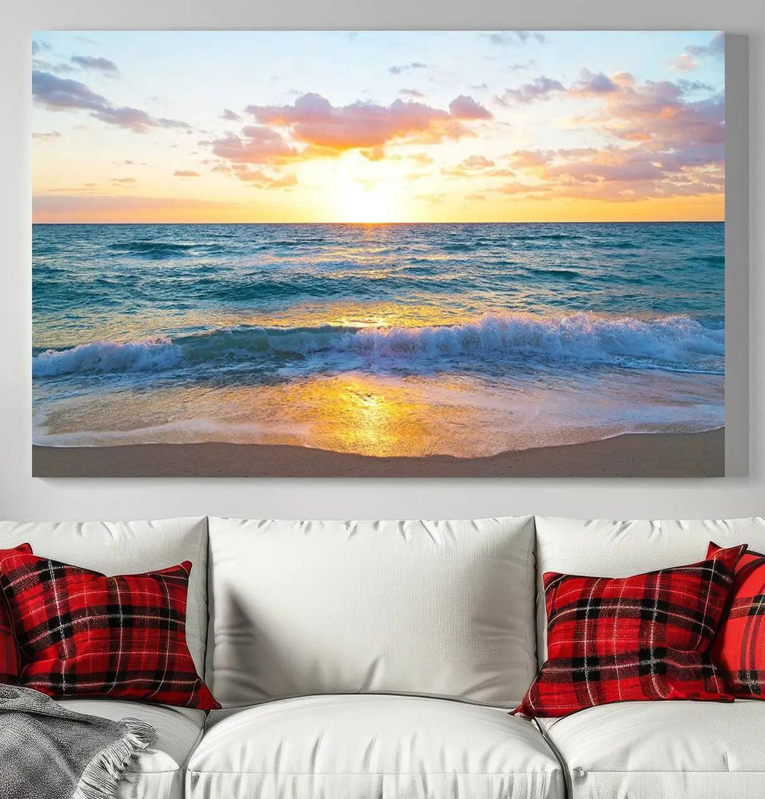 Ocean Sunset Triptych Canvas Wall Art, Giclee Beach Sunset Print with Gentle Waves, Coastal Art for Relaxation Spaces